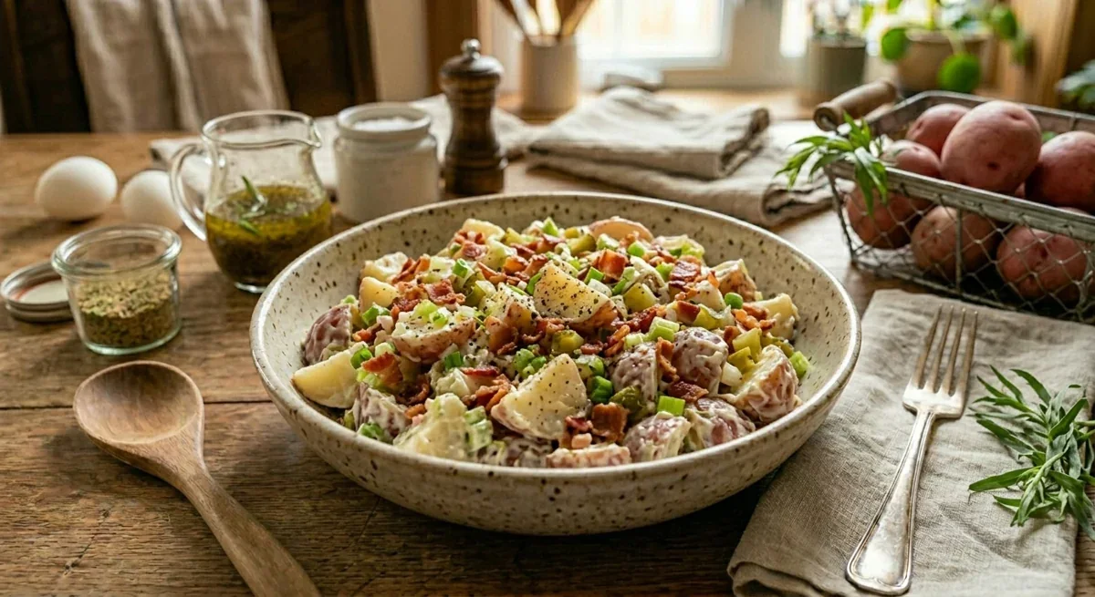 Salade crémeuse de pommes de terre, bacon et céleri