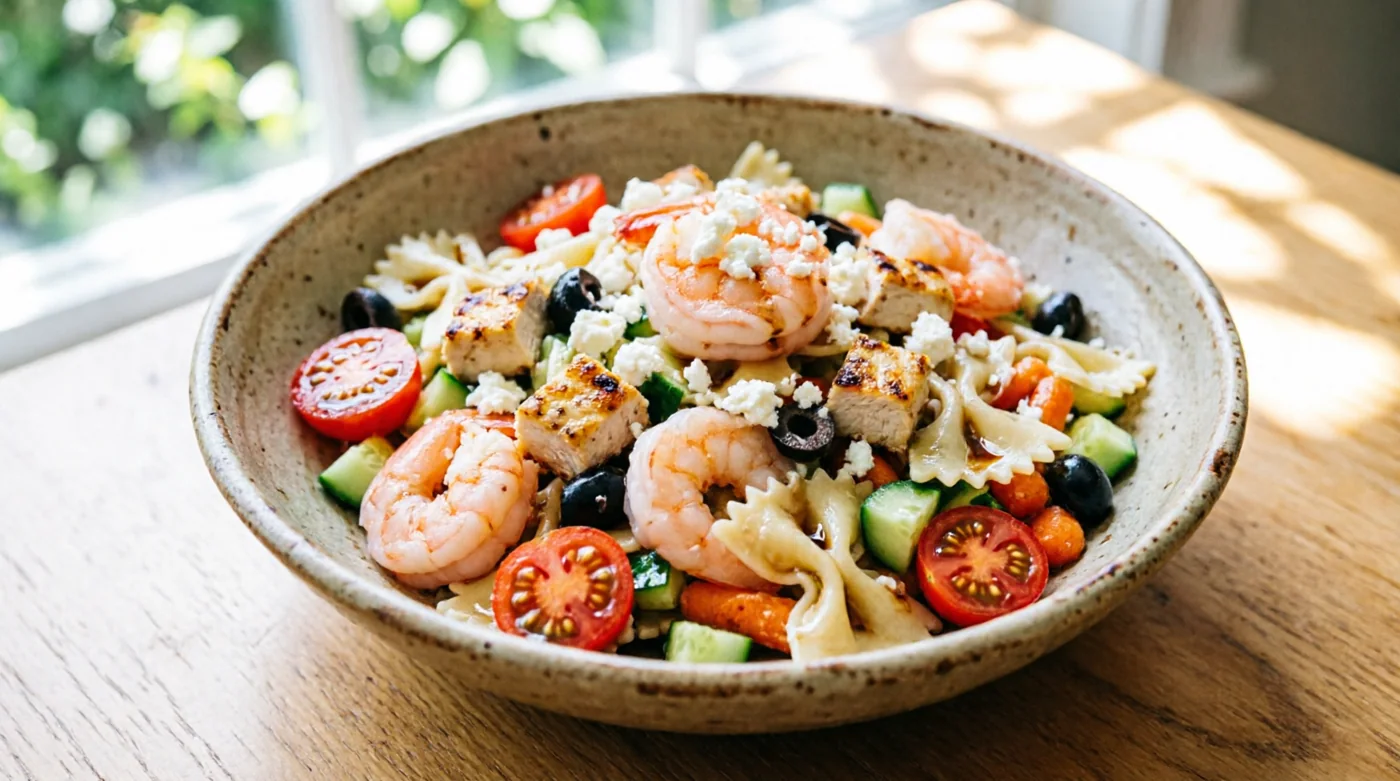 Salade de pâtes aux crevettes et feta