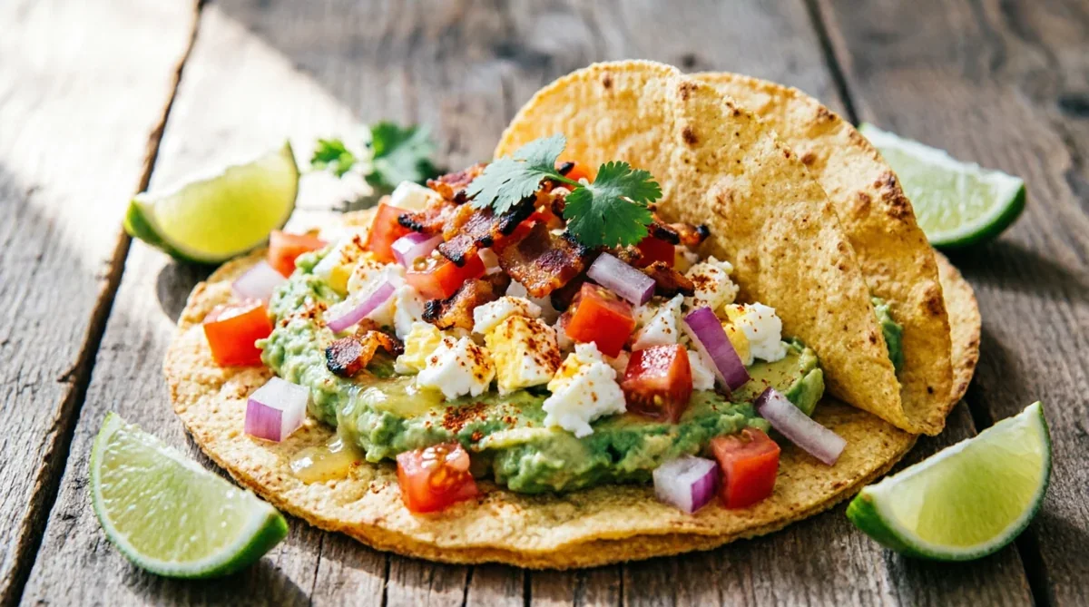 Tostada garnie d’avocat, d’œufs, de tomate et de bacon