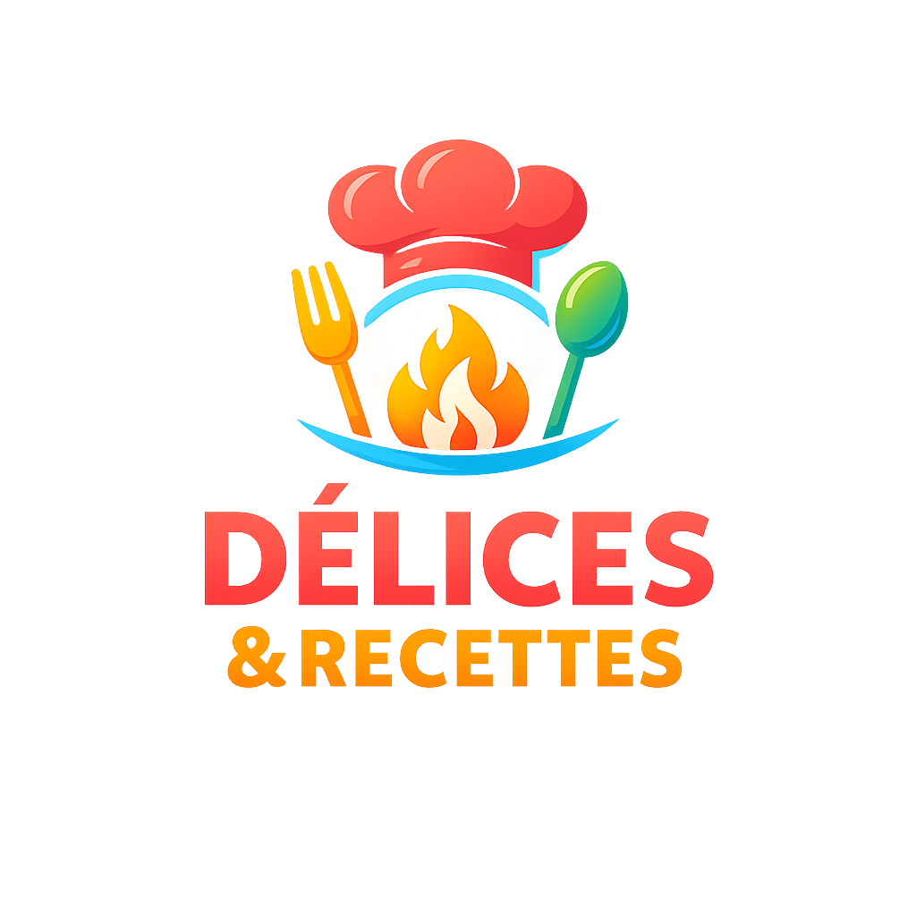 Logo sur fond blanc composé d'une toque de chef rouge surmontant une arche bleue. À l'intérieur, une flamme orange et jaune est entourée à gauche par une fourchette jaune-orange et à droite par une cuillère verte. En dessous, le texte en lettres capitales indique « DÉLICES » en rouge, suivi de « & RECETTES » en orange.