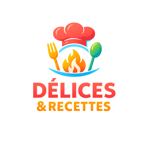 Logo sur fond blanc composé d'une toque de chef rouge surmontant une arche bleue. À l'intérieur, une flamme orange et jaune est entourée à gauche par une fourchette jaune-orange et à droite par une cuillère verte. En dessous, le texte en lettres capitales indique « DÉLICES » en rouge, suivi de « & RECETTES » en orange.