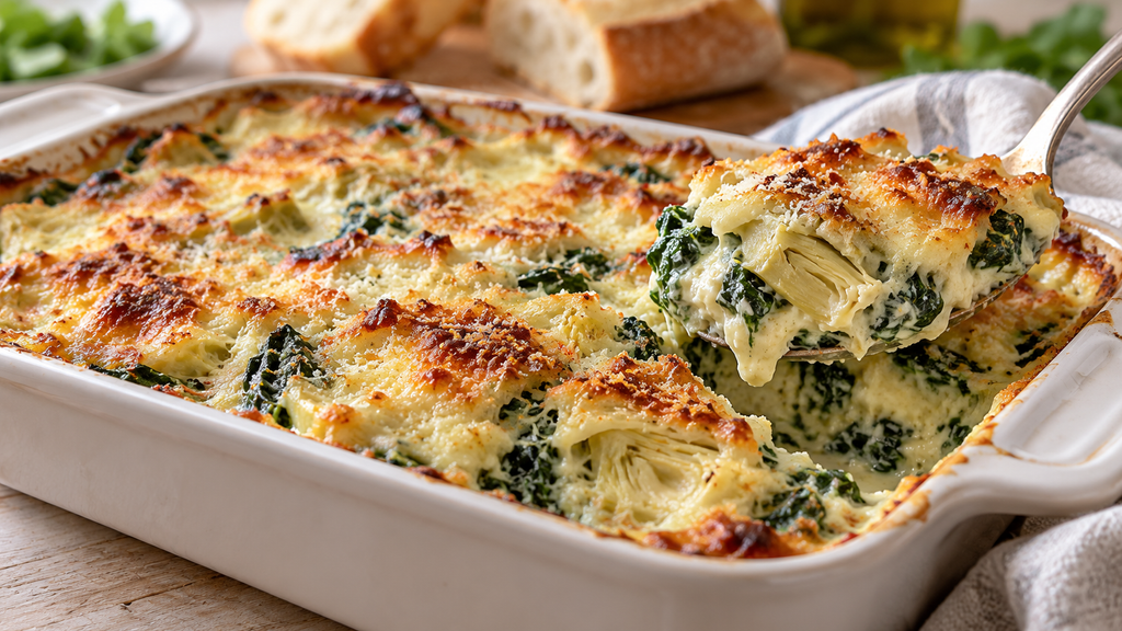 Gratin d’épinards et de cœurs d’artichauts, doré au parmesan