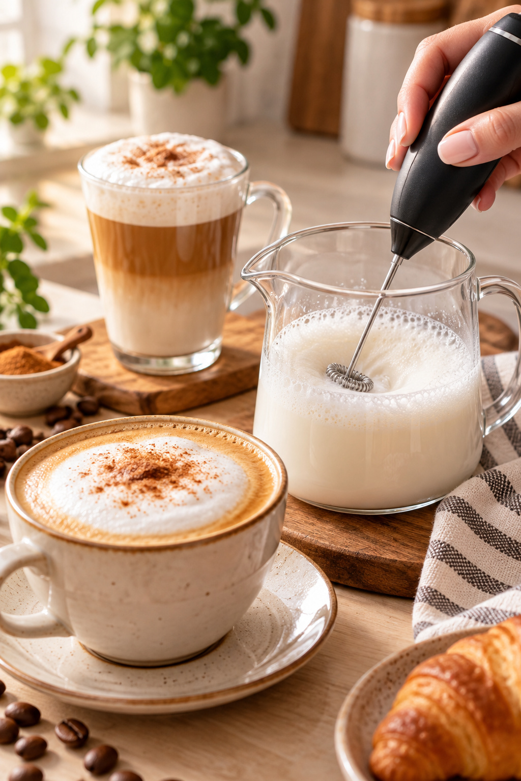 Préparation de mousse de lait dans un pichet avec un mousseur électrique, accompagnée de deux cafés crémeux.